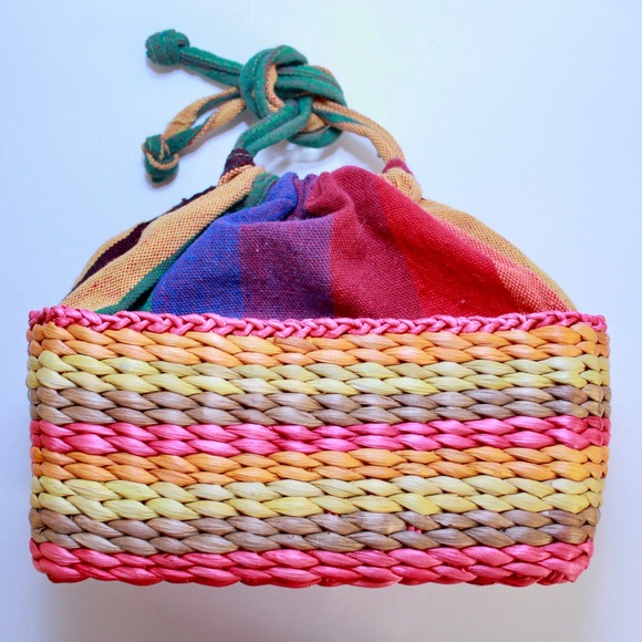 Vintage Handbags - Vintage Rainbow Woven Basket Bucket Drawstring Bag